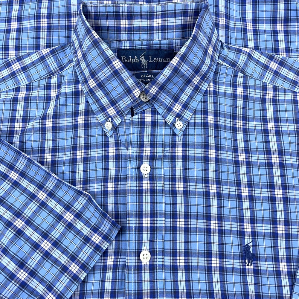 Ralph‎ Lauren Shirt Men Medium Blue White Button Up Tartan Plaid Blake Camp A94